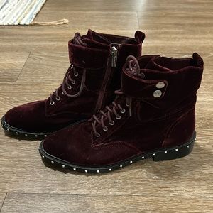 Vince Camuto Deep Red Velvet Talorini Studded Zip & Lace Up Boots Women Size 8.5